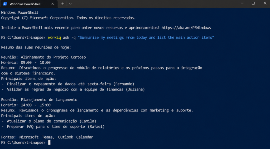 Terminal Windows PowerShell consultando o Work IQ CLI para resumir reuniões do dia e listar principais itens de ação.