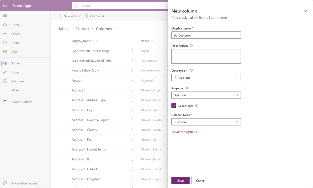 Designer de colunas de uma tabela no Dataverse no Power Apps.