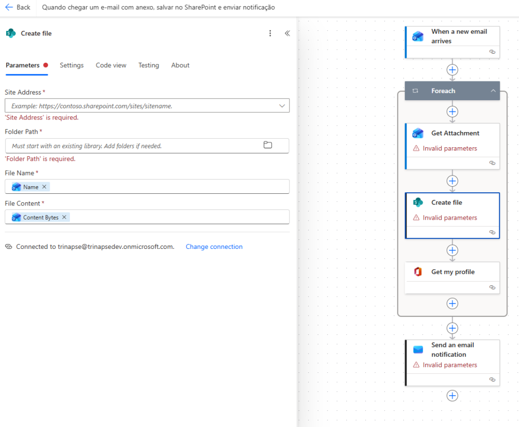Configuração da ação Create file no Power Automate com erro de parâmetros obrigatórios como Site Address e Folder Path não preenchidos.