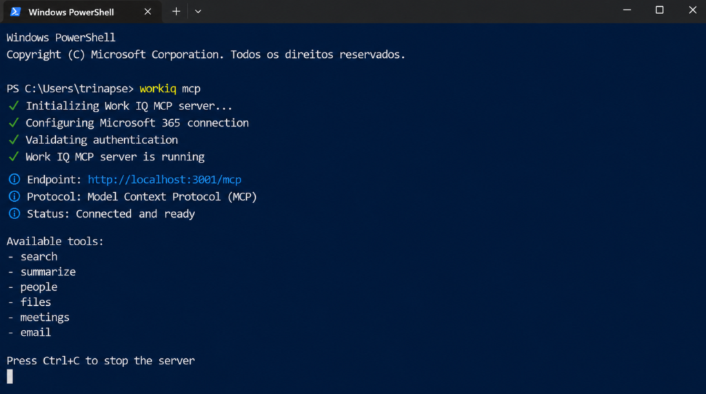 Terminal Windows PowerShell iniciando o Work IQ em modo MCP server e exibindo endpoint, protocolo e ferramentas disponíveis.