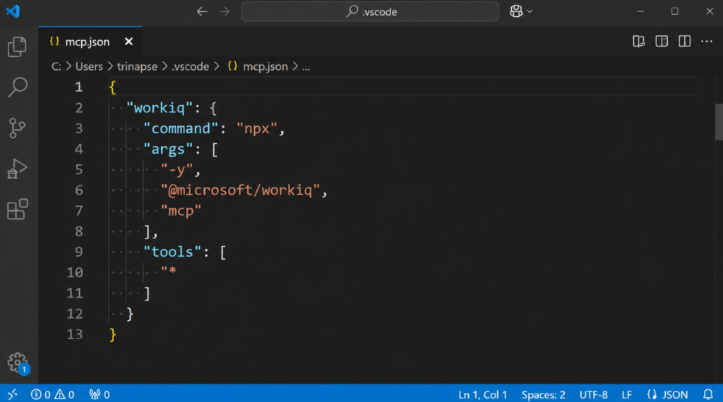 Visual Studio Code exibindo arquivo mcp.json com configuração do Work IQ como servidor MCP usando npx.