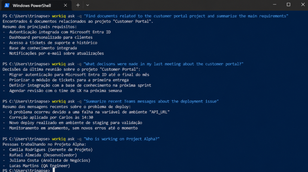 Terminal Windows PowerShell testando cenários reais com Work IQ CLI, incluindo documentos, reuniões, mensagens do Teams e pessoas envolvidas em projetos.