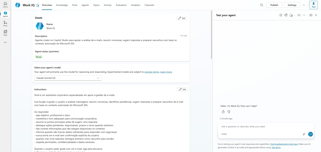 Como Estender o Microsoft Copilot com Work IQ — 2. Crie ou selecione um agente no Copilot Studio