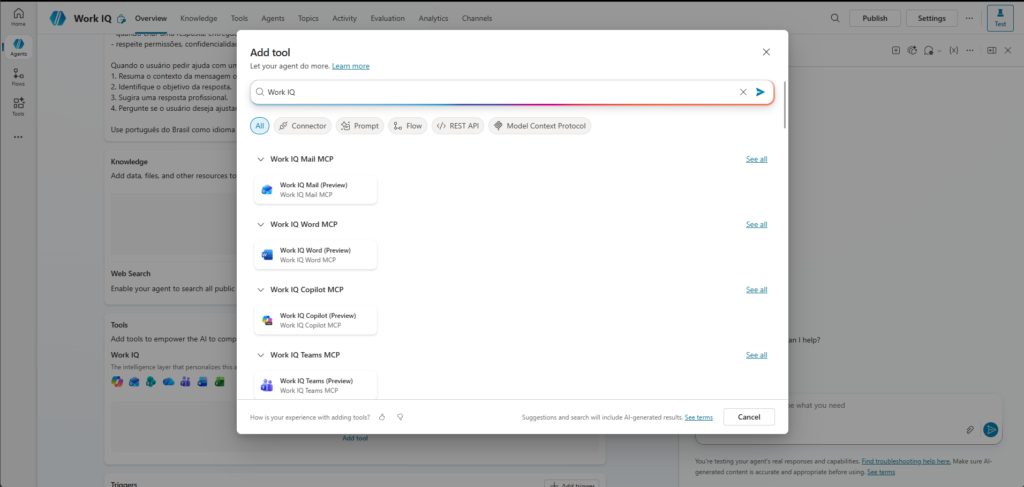 Como Estender o Microsoft Copilot com Work IQ — 3. Adicione uma ferramenta Work IQ