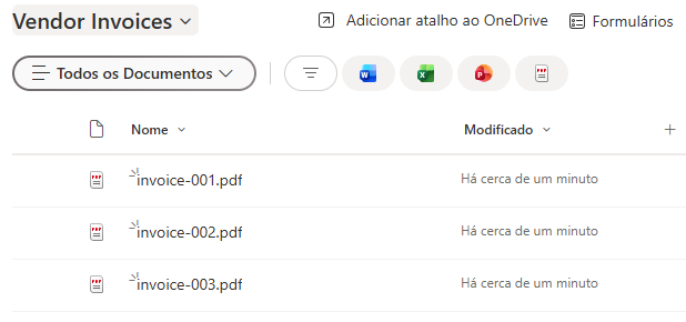 Biblioteca Vendor Invoices no SharePoint com arquivos PDF copiados pela automação.