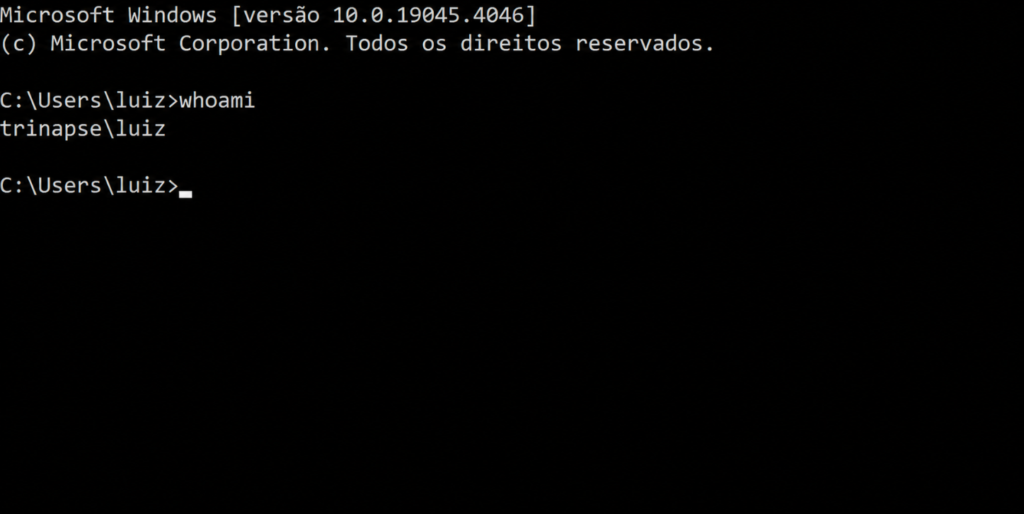 Comando whoami no Windows usado para identificar o usuário da conexão File System