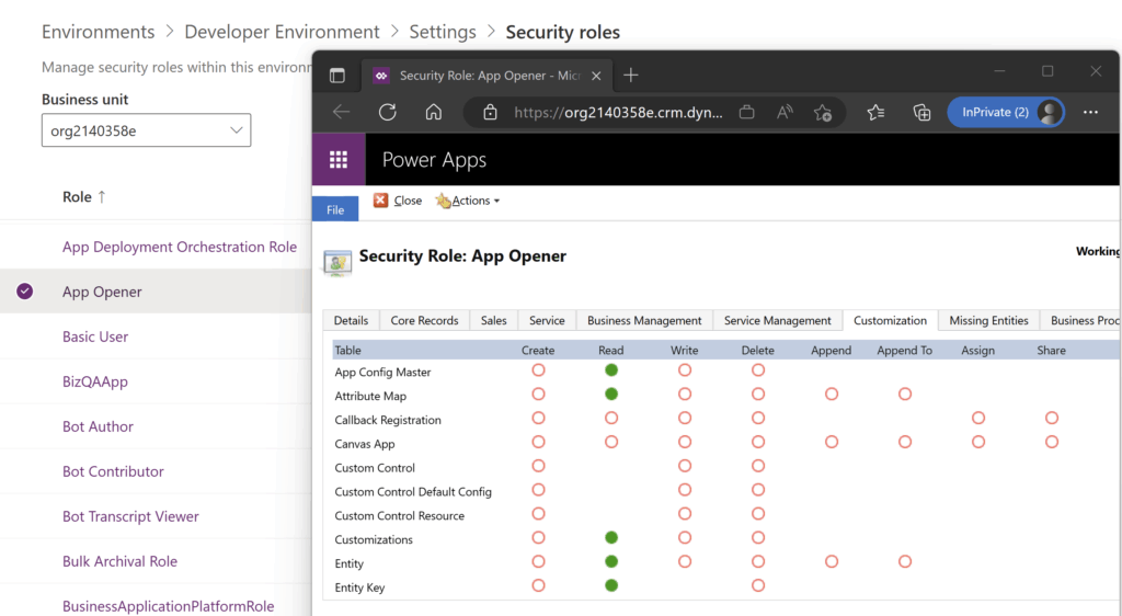 Permissões de segurança (security roles) no Dataverse.