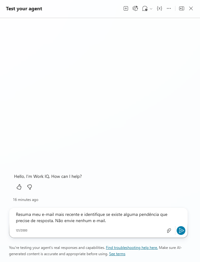 Como Estender o Microsoft Copilot com Work IQ — 5. Teste o agente com um prompt real