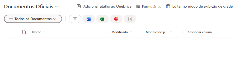 Biblioteca “Documentos Oficiais” no SharePoint ainda vazia, antes da criação das pastas e organização dos documentos.