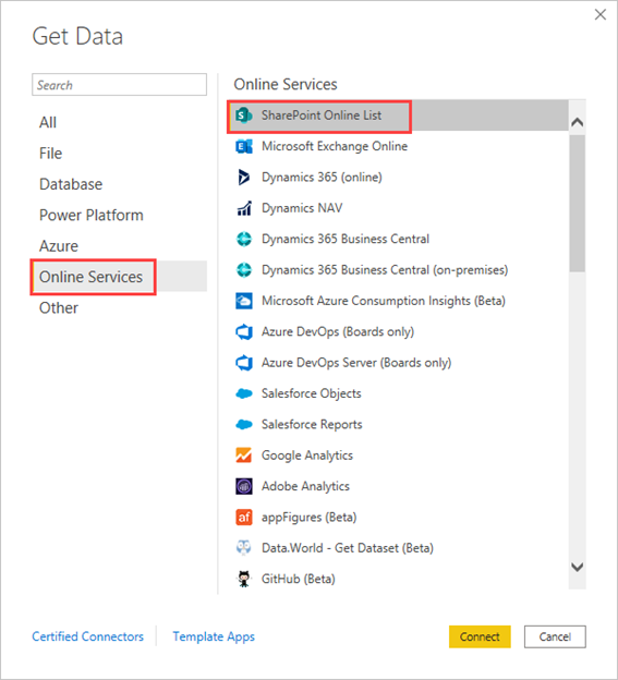 Tela do Power BI Desktop com opção “Obter dados” para conectar ao SharePoint Online