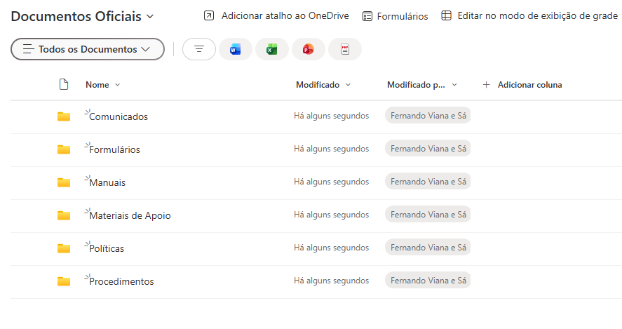 Biblioteca “Documentos Oficiais” no SharePoint com pastas criadas para Comunicados, Formulários, Manuais, Materiais de Apoio, Políticas e Procedimentos.