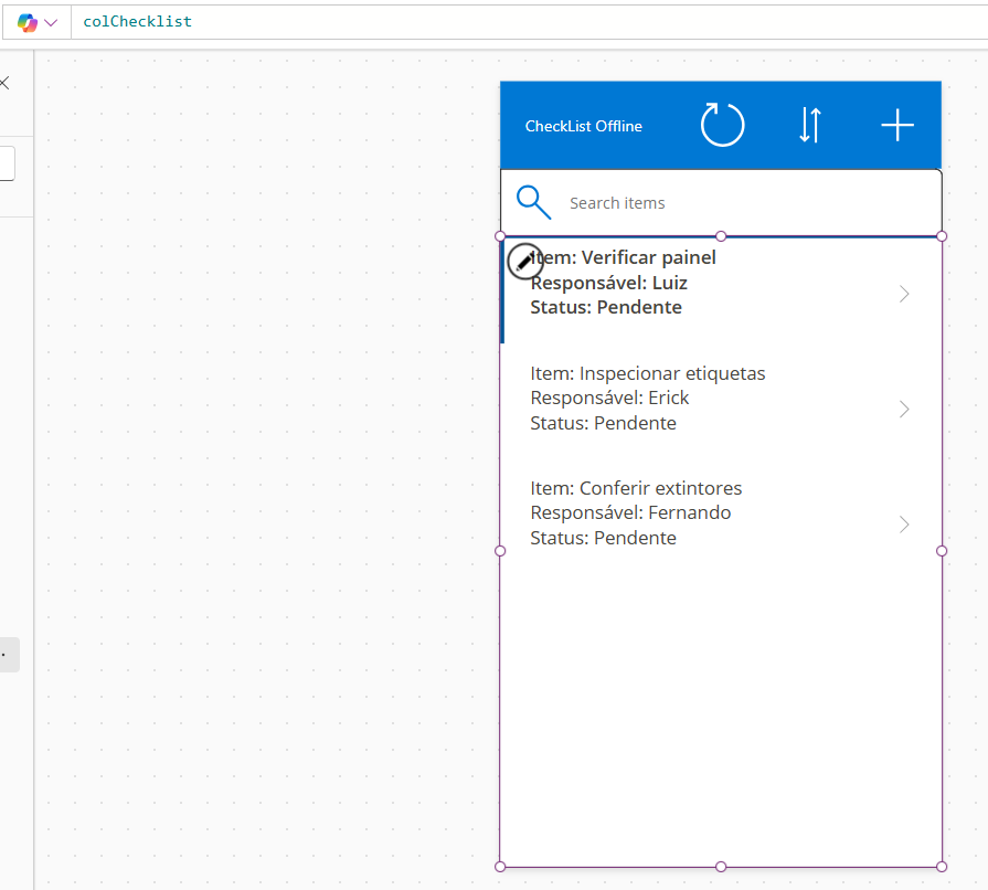 Como criar um Power Apps com funcionamento offline — Passo 1: criar a galeria com os itens