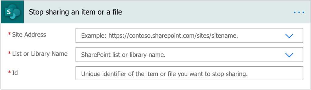 Conector SharePoint no Power Automate — 3. Parar de Compartilhar um Item ou Arquivo (imagem 4 de 4)