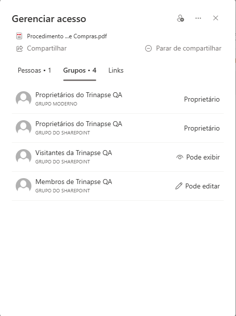 Painel “Gerenciar acesso” do SharePoint exibindo grupos e permissões configuradas para um documento da biblioteca.
