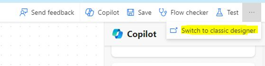 Seleção Power Automate designer classico/moderino
