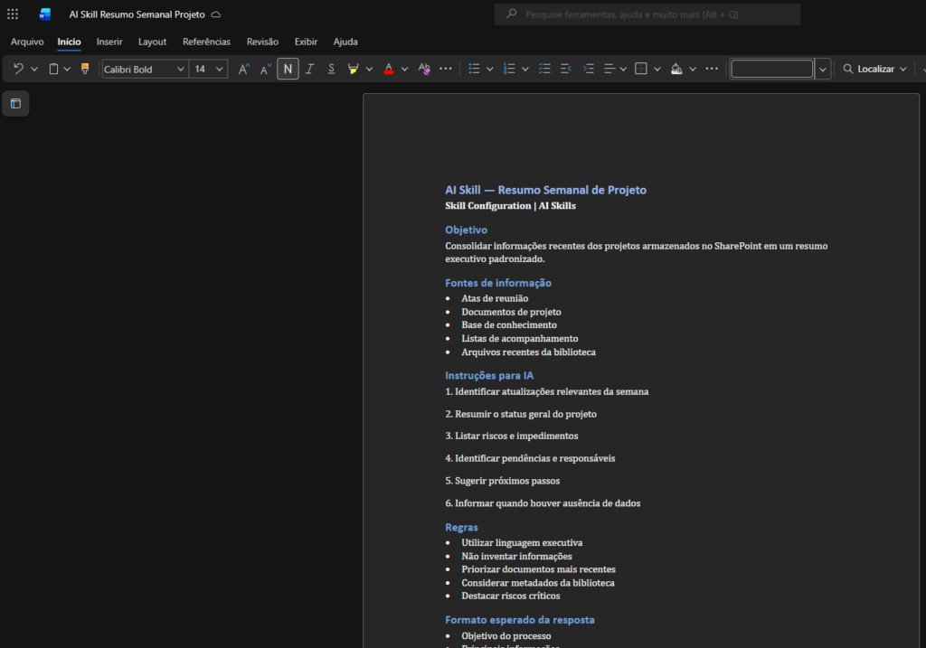 Documento de configuração de AI Skill no SharePoint para geração de resumos executivos