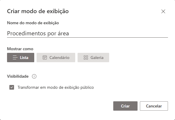 Janela “Criar modo de exibição” no SharePoint para criação da visualização pública “Procedimentos por área”.