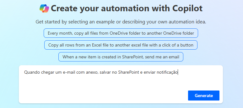 Tela do Power Automate Copilot com sugestão de fluxo para salvar anexos de e-mail no SharePoint e enviar notificação automaticamente.