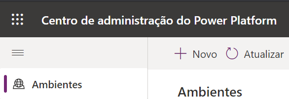 Barra superior do admin center do Power Platform