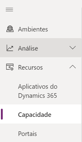 Menu lateral admin center do Power Platform