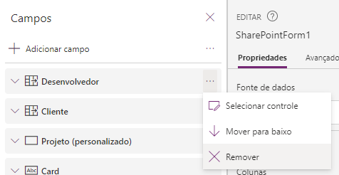 Adicionar Remover Campos Power Apps