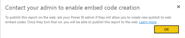 Mensagem de erro ao publicar Power BI na web