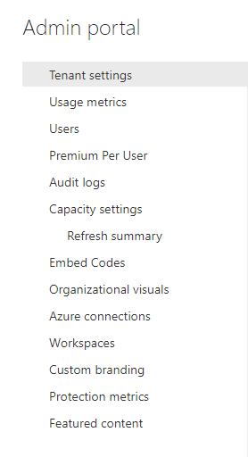 Menu de configurações Pòwer BI