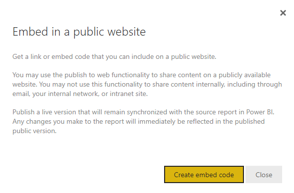 Mensagem de publicação do Power BI na web