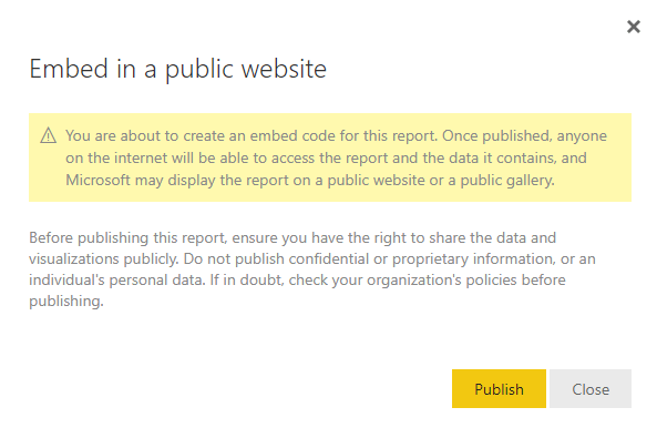 Mensagem de publicação do Power BI na web