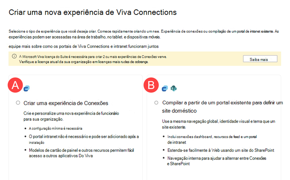 Criar uma nova experiência Viva Connections