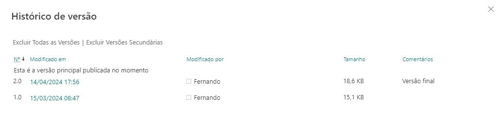 Histórico de versão documento SharePoint