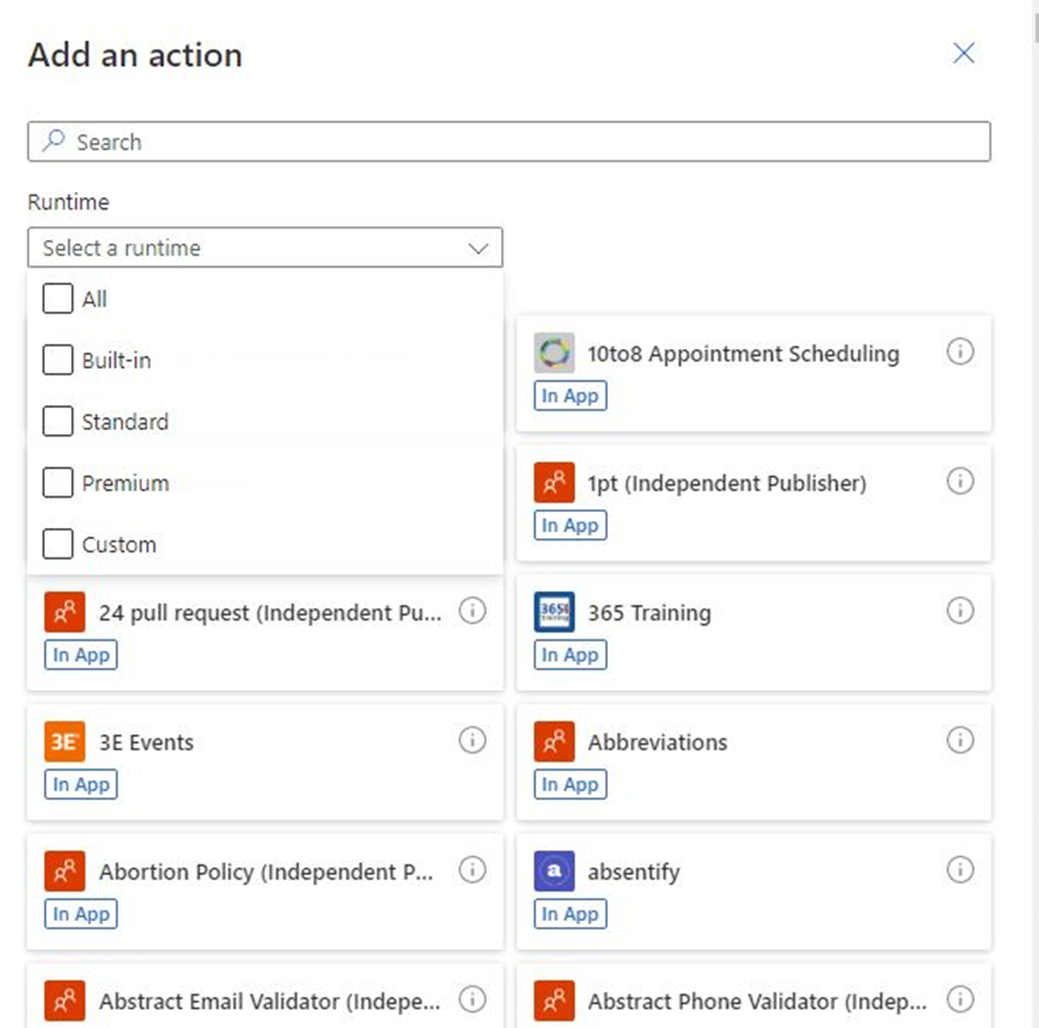 Seleção ação Power Automate