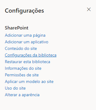 Configurações biblioteca SharePoint