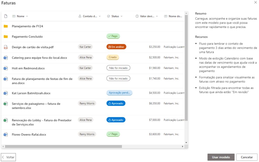 Usar modelo Biblioteca do SharePoint
