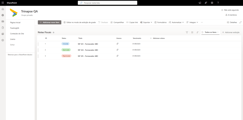 Listagem do SharePoint com Notas Fiscais
