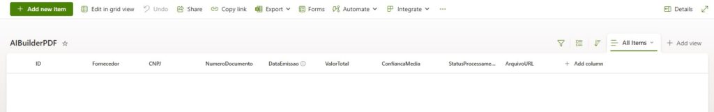 Lista do SharePoint online com os campos para salvar os dados extraídos do Ai Builder
