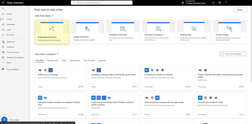 Painel do Power Automate para criar fluxos