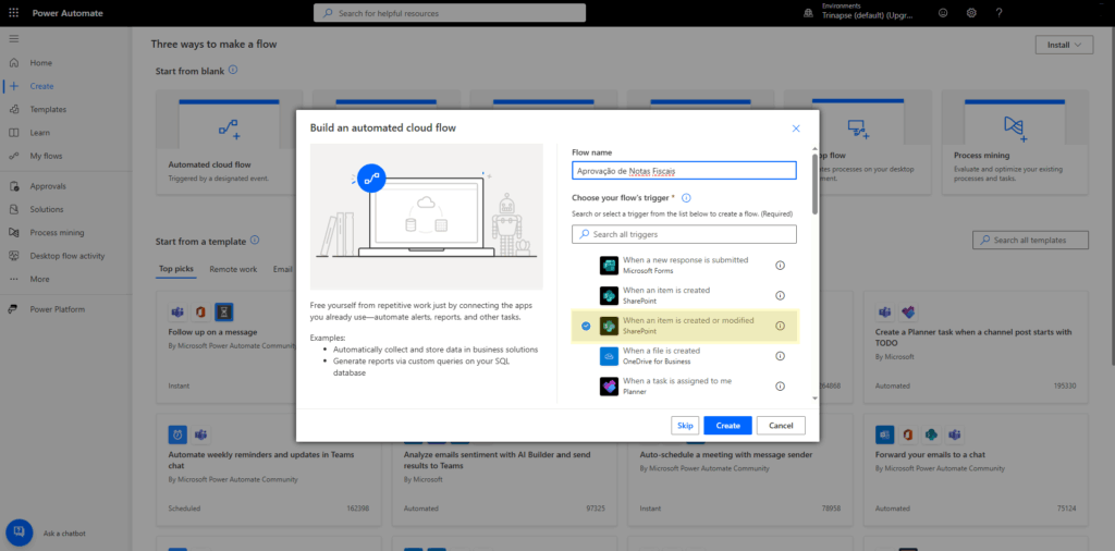 Painel do Power Automate para criar fluxo automatizado com SharePoint