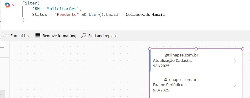 Galeria filtrada somente as solicitações pendentes do colaboardor logado no Power Apps