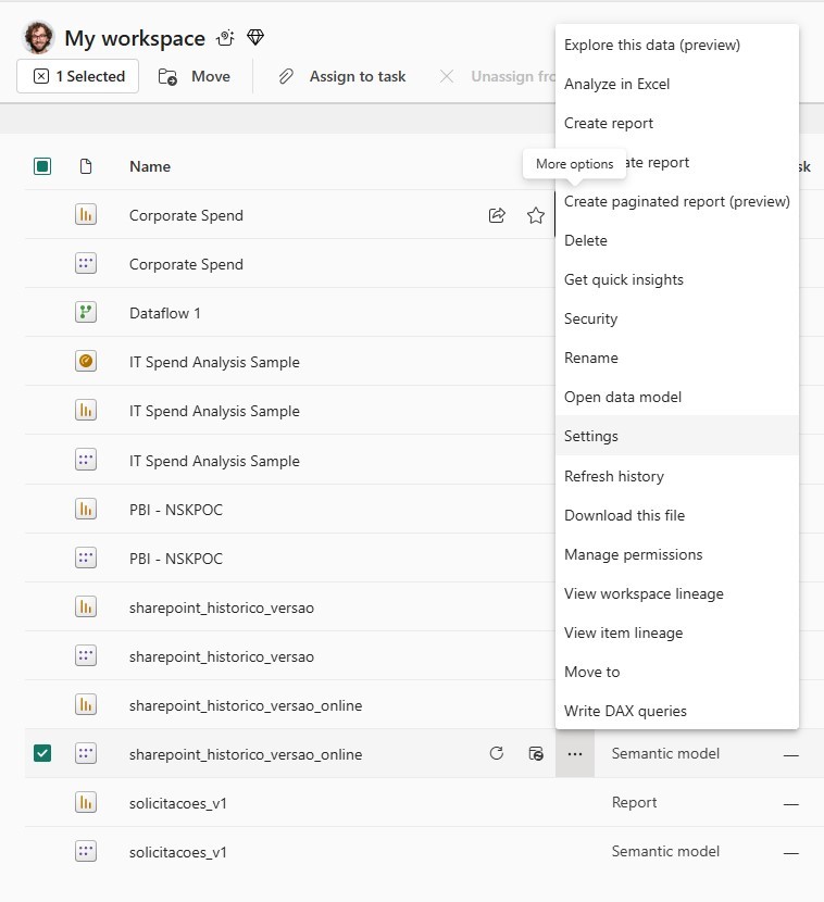 Configurações de um Dataset no Power BI online