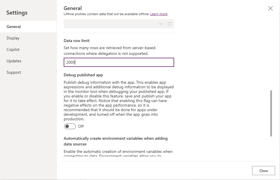 Configuração do Power Apps para retornar 2000 itens