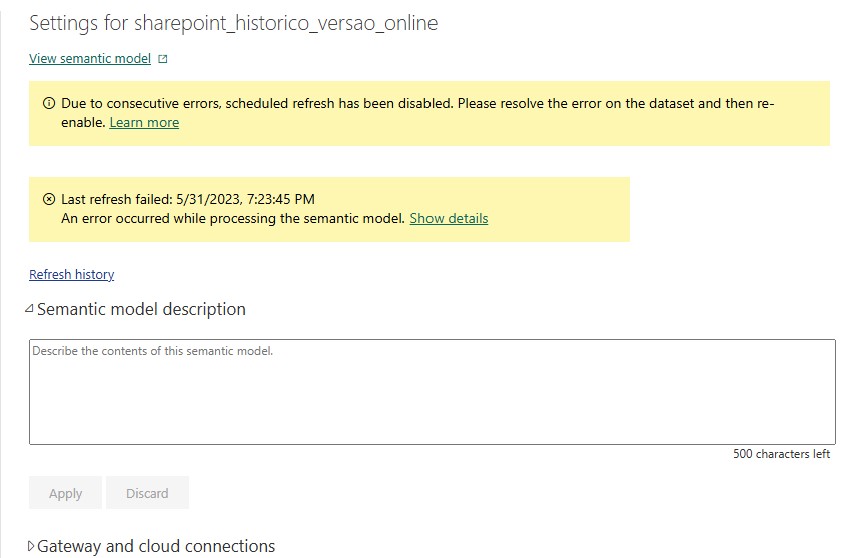 Alertas de erro de um Dataset no Power BI online