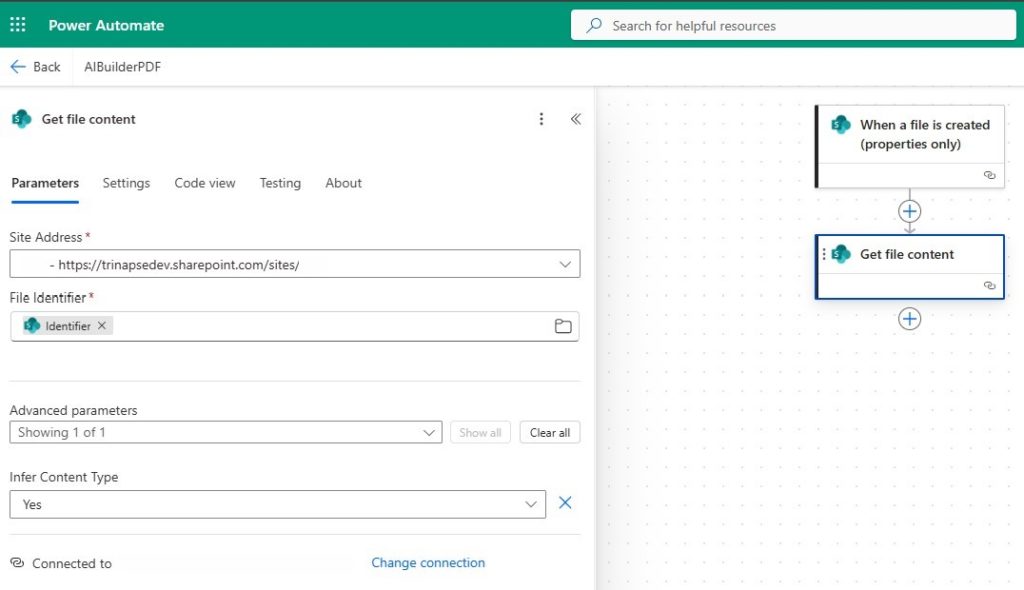 Fluxo do Power Automate com ação de leitura do conteúdo do arquivo.