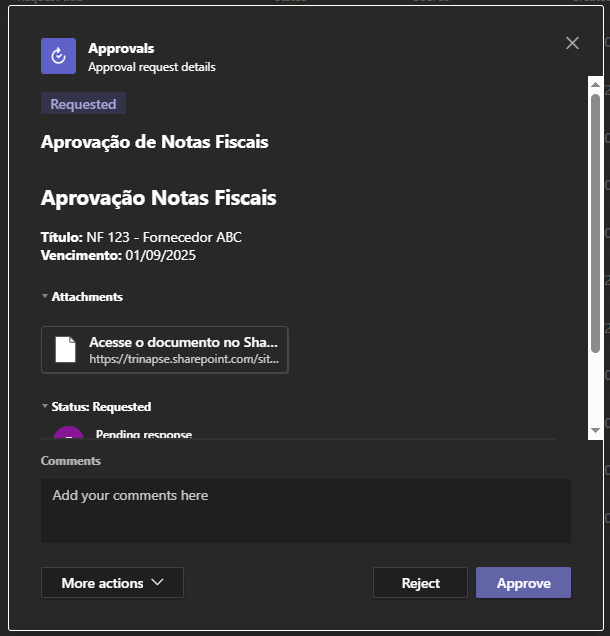 Notificação de aprovação de Nota Fiscal no Microsoft Teams