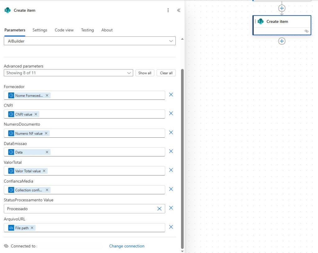 Fluxo do Power Automate com ação de criação de um item com os dados extraídos pelo AIBuilder.