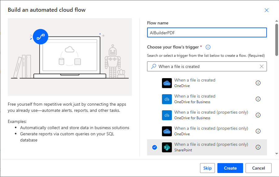 Criação de fluxo do Power Automate com gatilho quando um arquivo é criado.
