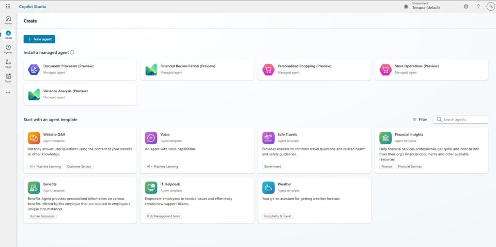 Página inicial do Copitlot Studio