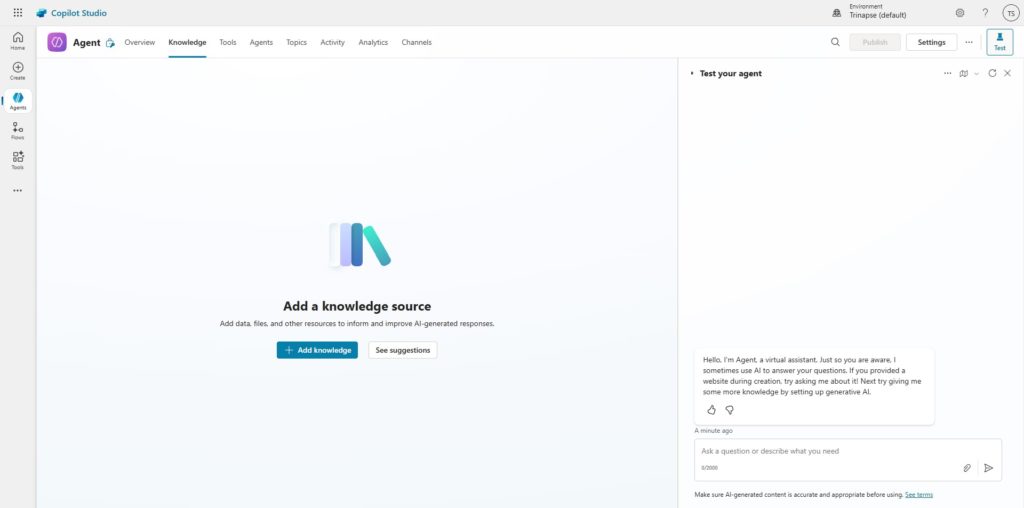 Página de criação do um agente no Copitlot Studio