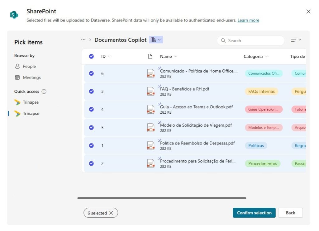 Seleção de documentos do SharePoint para alimentar um agente no Copitlot Studio