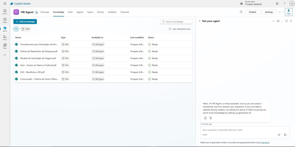 Página de teste de um agente no Copitlot Studio